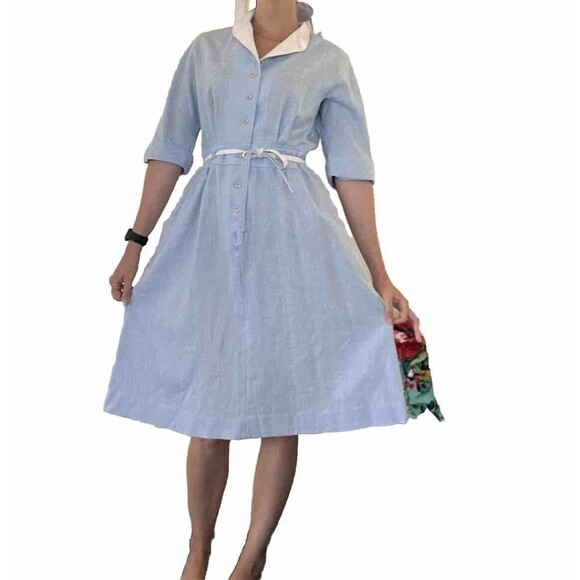 Vintage 60s 70s Nancy Greer New York Blue Shirt Waist A Line Dress Size 10 - Picture 3 of 9